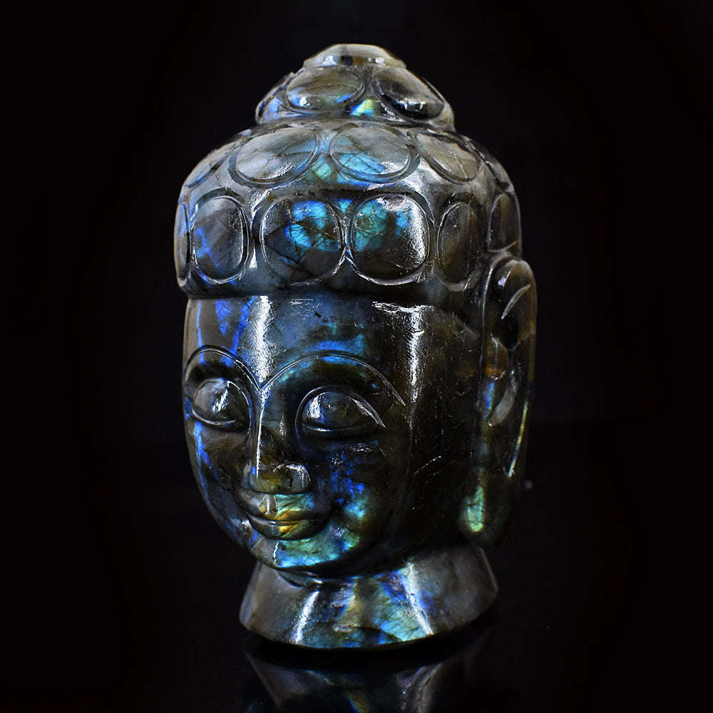 gemsmore:Natural Amazing Flash Labradorite Hand Carved  Lord Buddha Head Idol