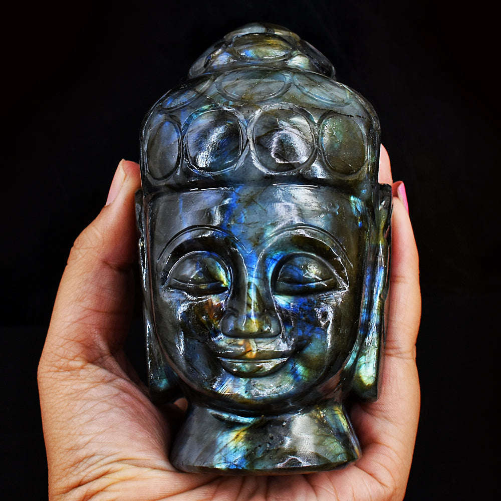 gemsmore:Natural Amazing Flash Labradorite Hand Carved  Lord Buddha Head Idol