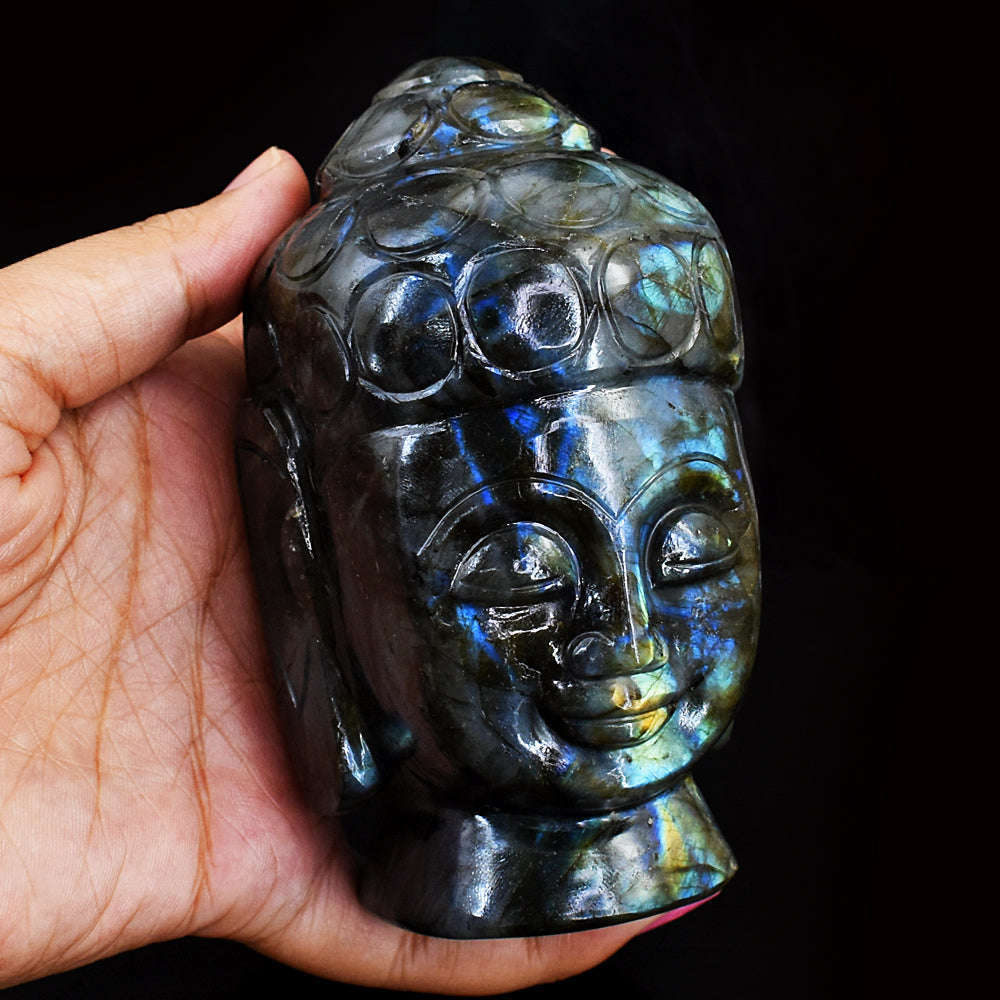 gemsmore:Natural Amazing Flash Labradorite Hand Carved  Lord Buddha Head Idol