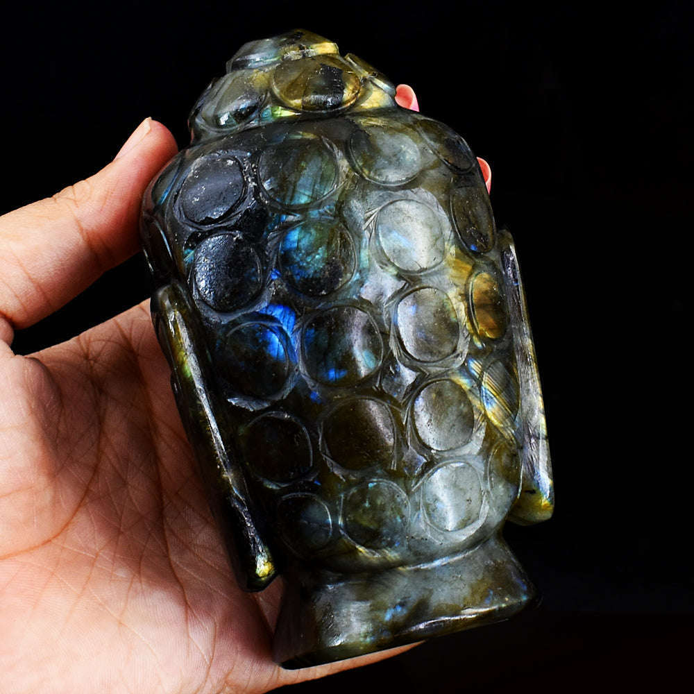 gemsmore:Natural Amazing Flash Labradorite Hand Carved  Lord Buddha Head Idol