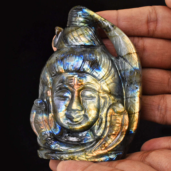gemsmore:Natural  Amazing Flash Labradorite Hand Carved Lord Shiva Head