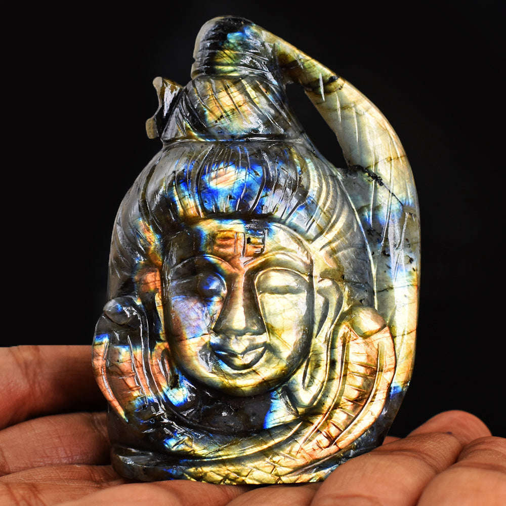 gemsmore:Natural  Amazing Flash Labradorite Hand Carved Lord Shiva Head