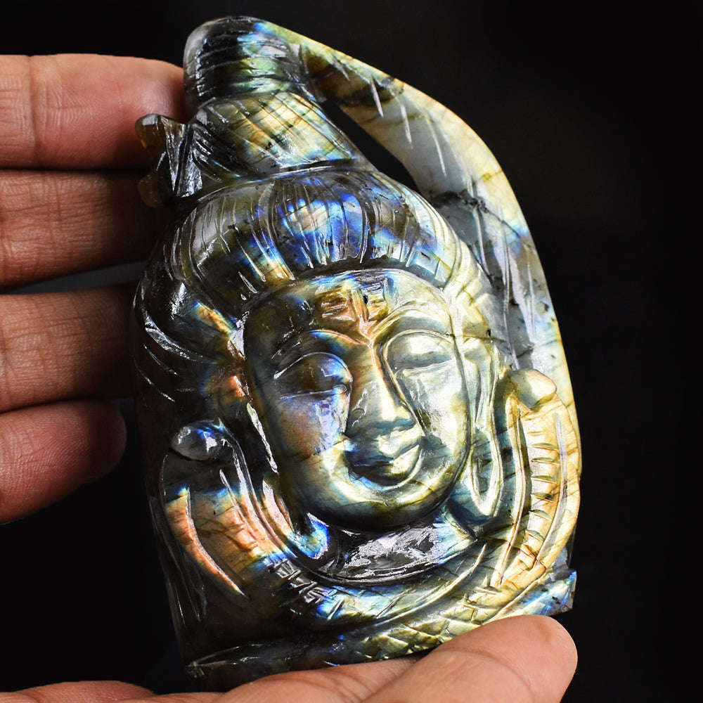 gemsmore:Natural  Amazing Flash Labradorite Hand Carved Lord Shiva Head