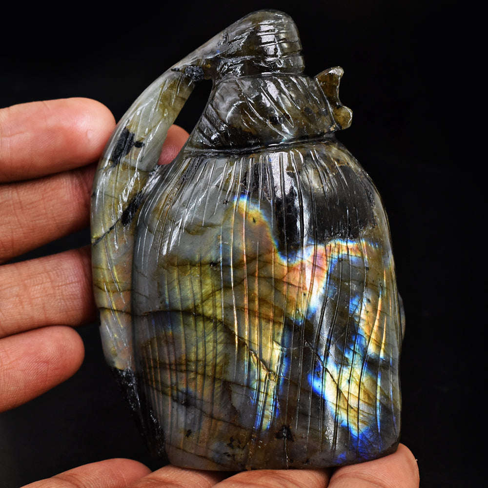 gemsmore:Natural  Amazing Flash Labradorite Hand Carved Lord Shiva Head