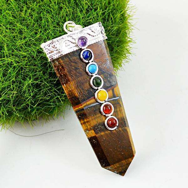 gemsmore:Natural Amazing Golden Tiger Eye Seven Chakra Healing Wand Pendant