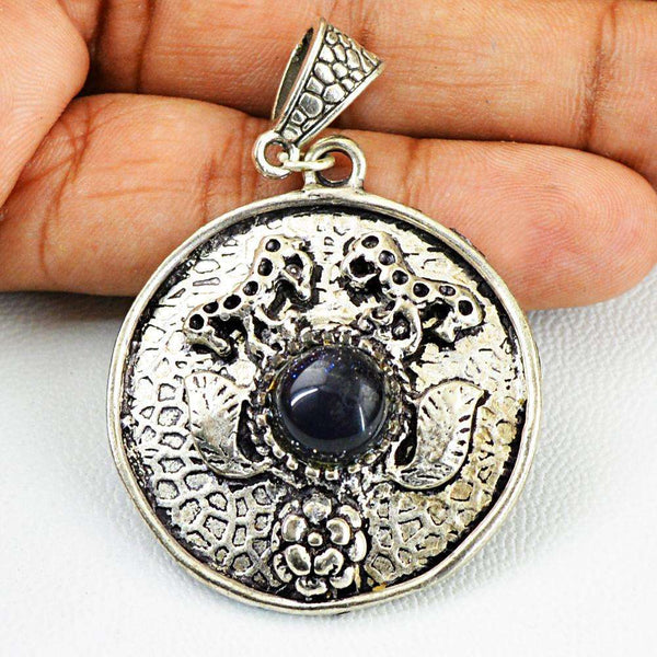 gemsmore:Natural Amazing Lapis Lazuli Round Shape Tibet Silver Pendant