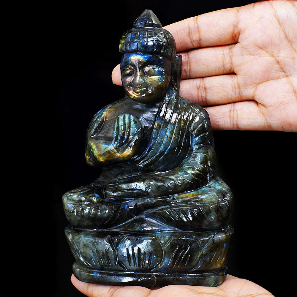 gemsmore:Natural Amazing & Pink  Flash Labradorite Hand Carved Lord Buddha