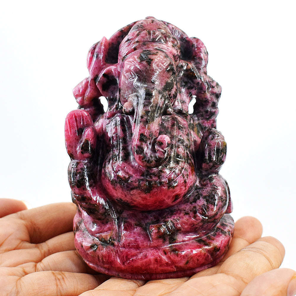 gemsmore:Natural Amazing Pink Rhodonite Hand Carved Lord Ganesha