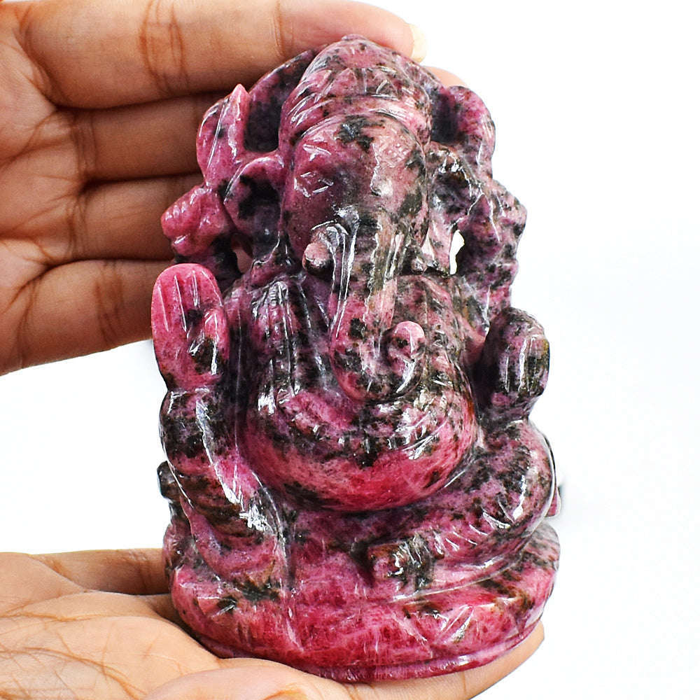 gemsmore:Natural Amazing Pink Rhodonite Hand Carved Lord Ganesha