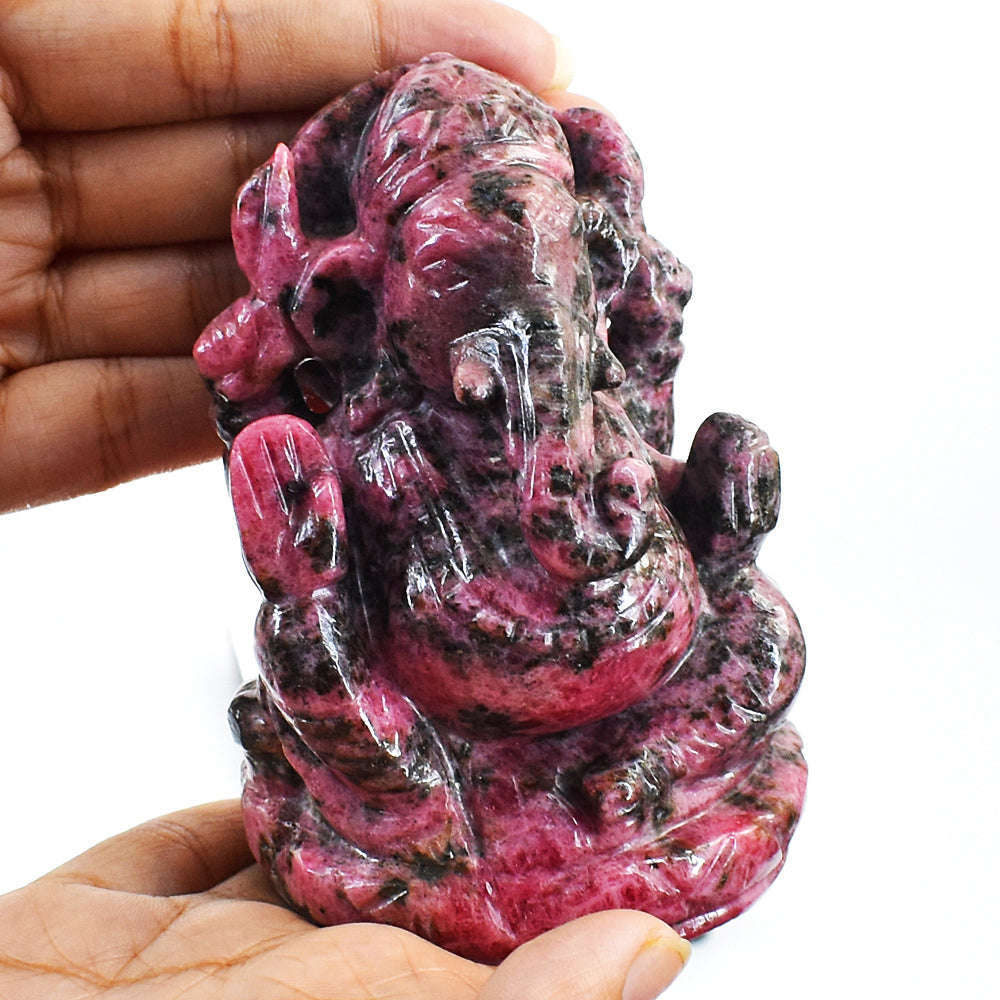 gemsmore:Natural Amazing Pink Rhodonite Hand Carved Lord Ganesha