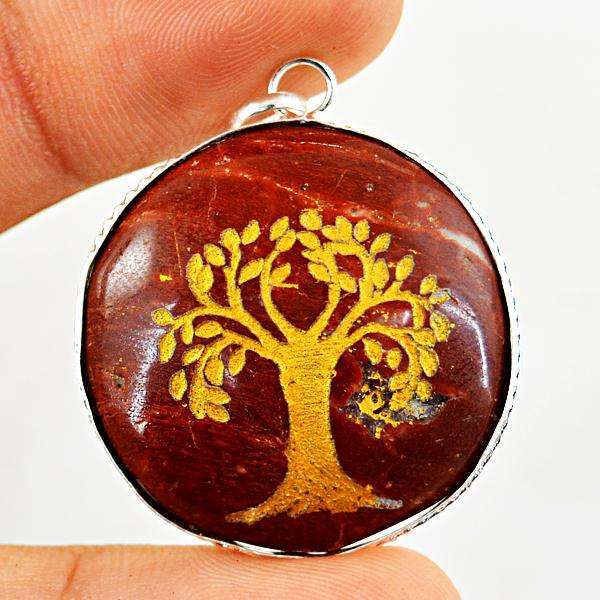 gemsmore:Natural Amazing Red Jasper Round Shape Healing Tree Pendant