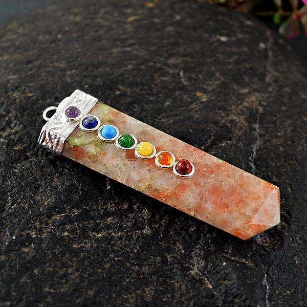 gemsmore:Natural Amazing Sunstone Seven Chakra Healing Wand Pendant