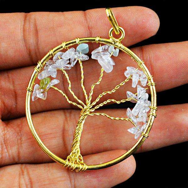 gemsmore:Natural Amazing White Quartz Round Shape Healing Tree Pendant