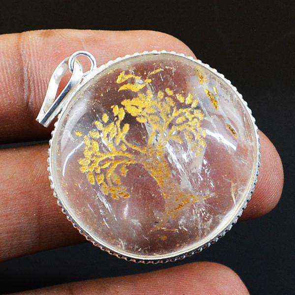 gemsmore:Natural Amazing White Quartz Round Shape Healing Tree Pendant