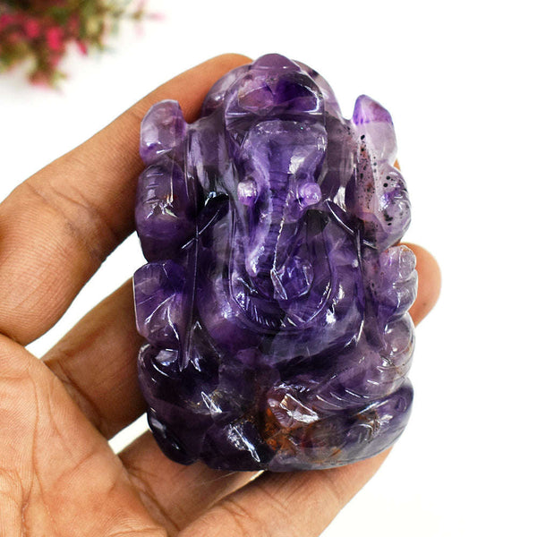 gemsmore:Natural Amethyst  Hand Carved Genuine Crystal Gemstone Carving Lord Ganesha