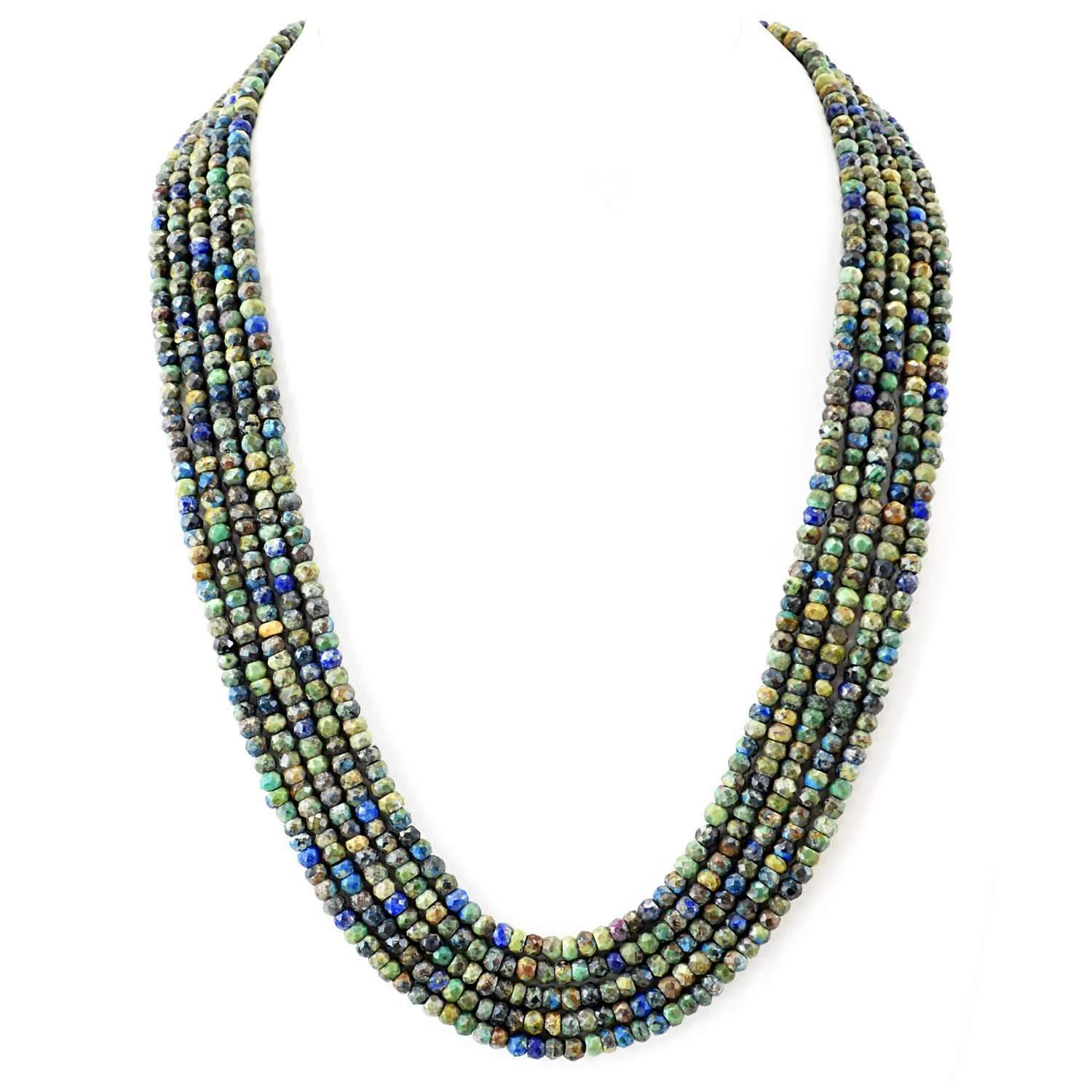 gemsmore:Natural Azurite Necklace Faceted Round Shape Beads - 5 Strand