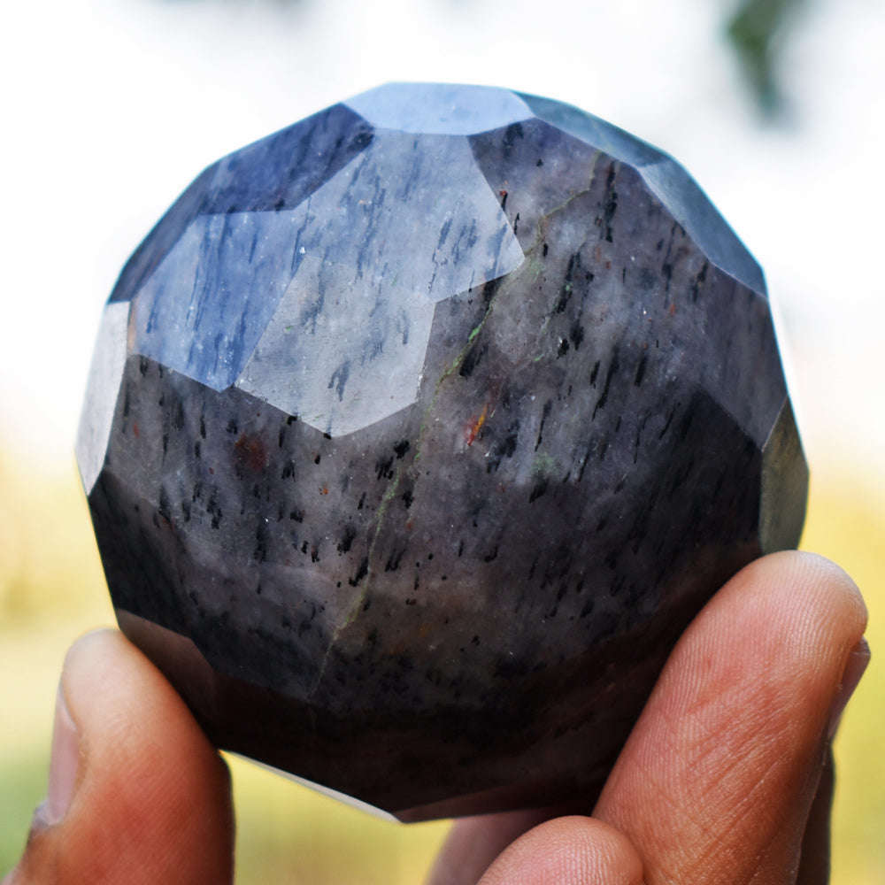 gemsmore:Natural Black Rutile Quartz  Hand Carved Checkers Cut Healing Sphere