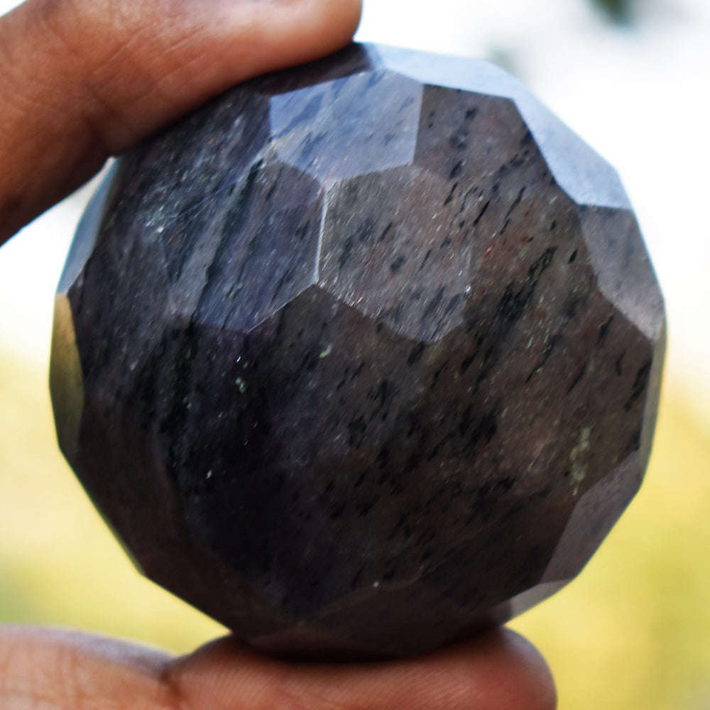 gemsmore:Natural Black Rutile Quartz  Hand Carved Checkers Cut Healing Sphere