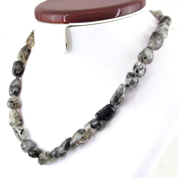 gemsmore:Natural Black Rutile Quartz Necklace 20 Inches Long Untreated Genuine Beads