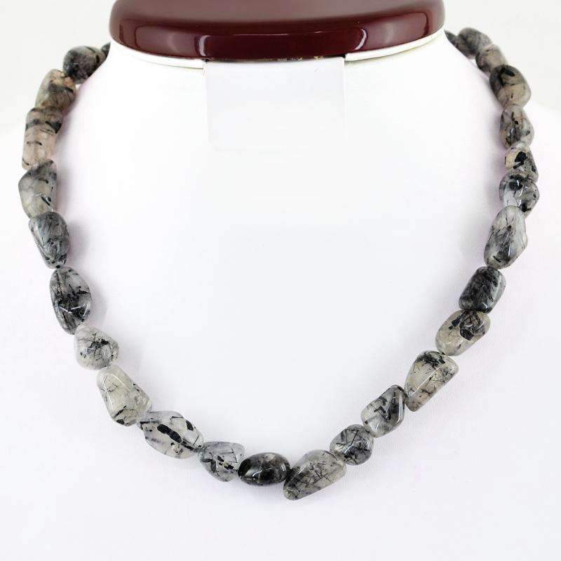 gemsmore:Natural Black Rutile Quartz Necklace 20 Inches Long Untreated Genuine Beads