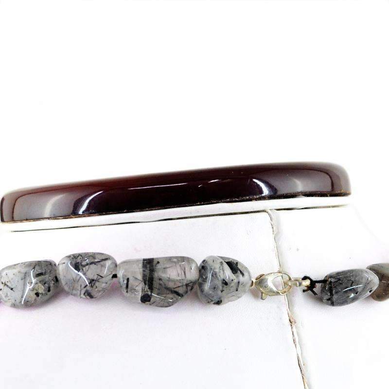 gemsmore:Natural Black Rutile Quartz Necklace 20 Inches Long Untreated Genuine Beads