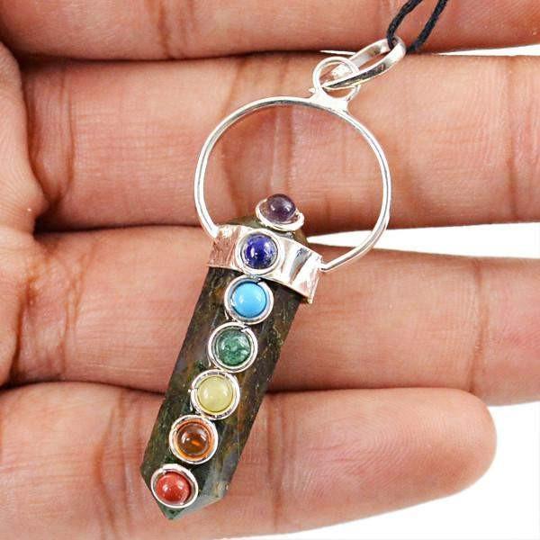 gemsmore:Natural Black Rutile Quartz Seven Chakra Healing Point Pendant