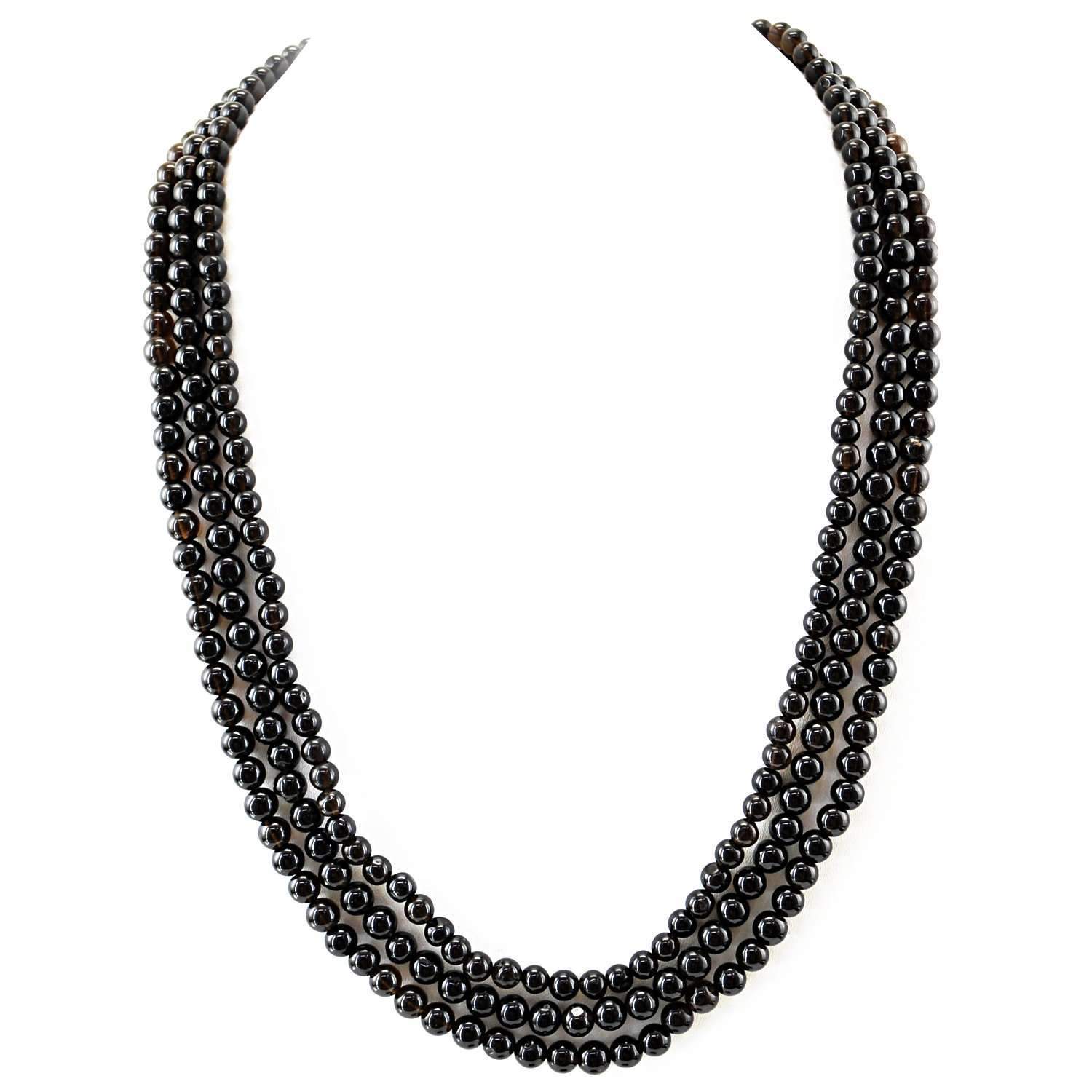 gemsmore:Natural Black Smoky Quartz Necklace 3 Strand - Round Beads