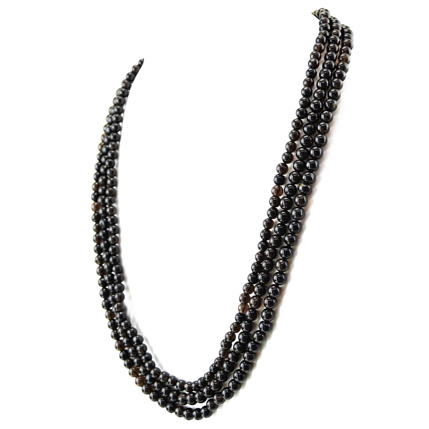 gemsmore:Natural Black Smoky Quartz Necklace 3 Strand - Round Beads