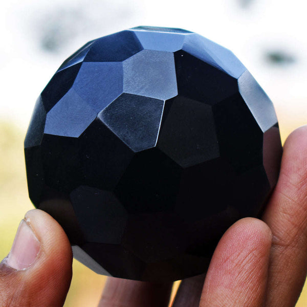 gemsmore:Natural Black Spinel Hand Carved Faceted Crystal Healing Sphere Gemstone