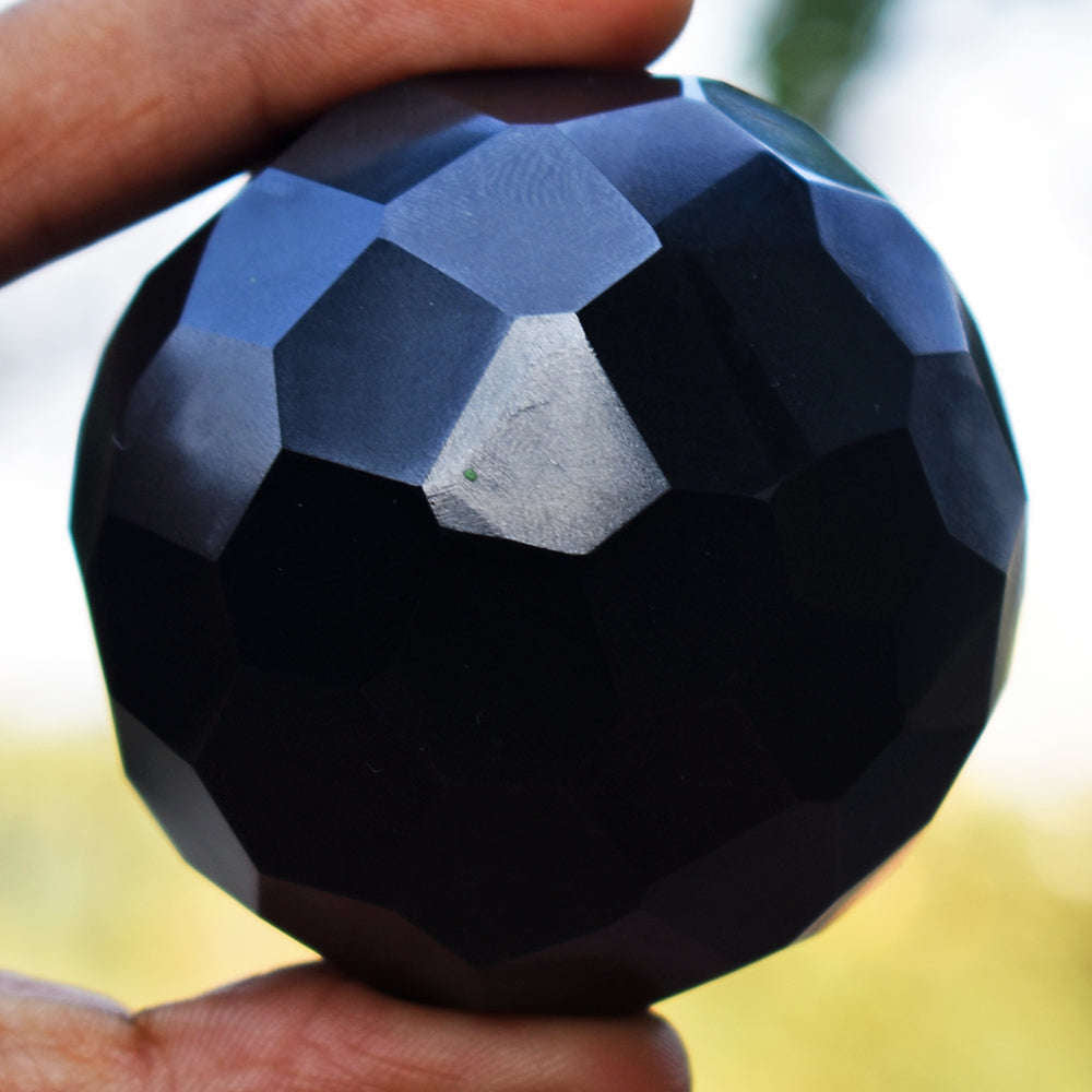 gemsmore:Natural Black Spinel Hand Carved Faceted Crystal Healing Sphere Gemstone
