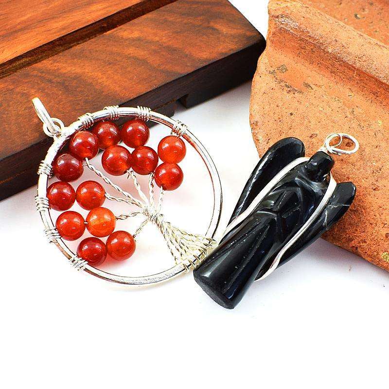 gemsmore:Natural Black Spinel Healing Angel Pendant &  Red Onyx Tree Pendant Set