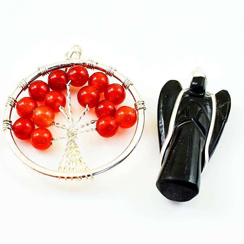 gemsmore:Natural Black Spinel Healing Angel Pendant &  Red Onyx Tree Pendant Set