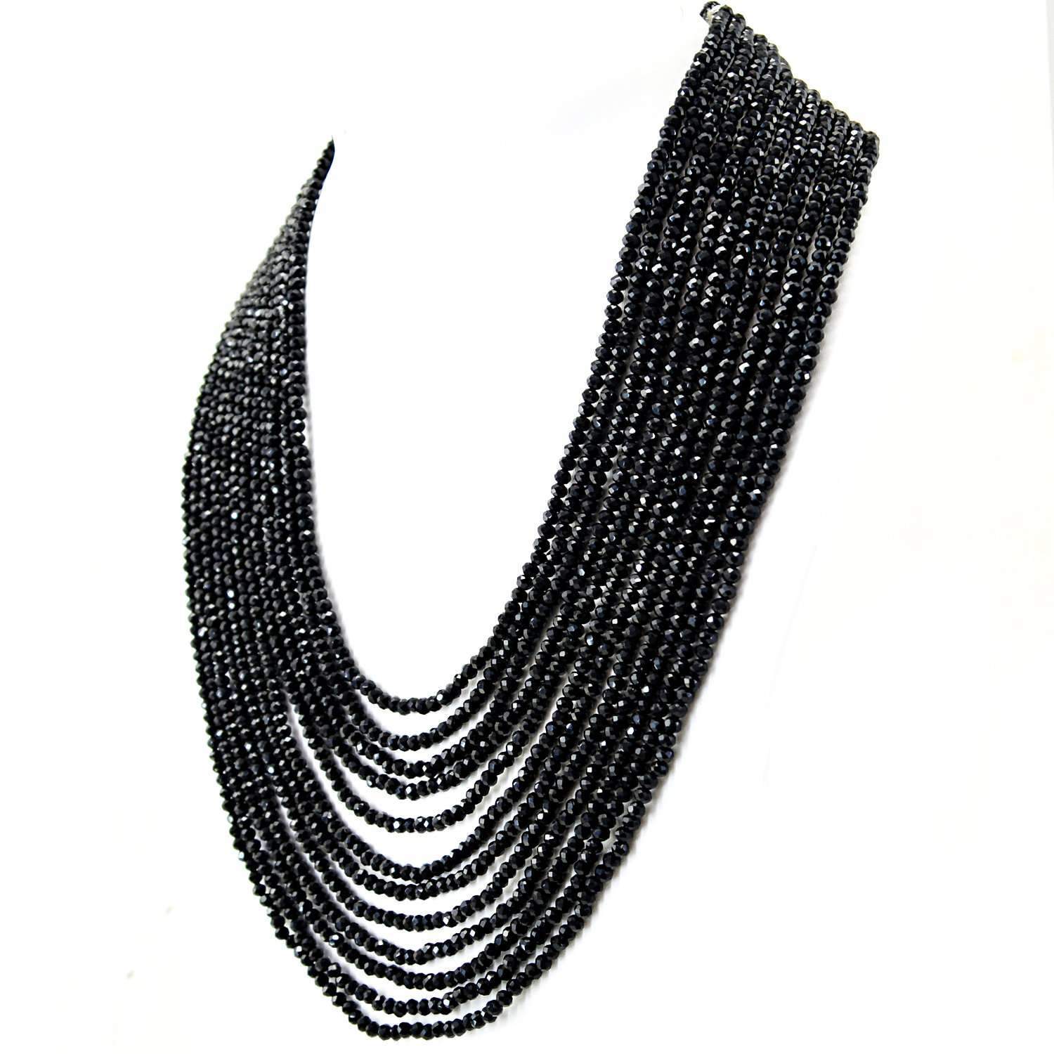 gemsmore:Natural Black Spinel Necklace 12 Strand Round Shape Faceted Beads