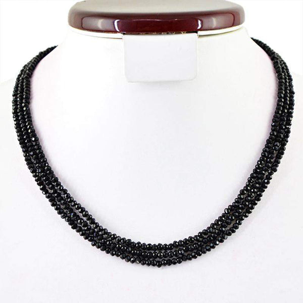 gemsmore:Natural Black Spinel Necklace 3 Line Round Shape Beads