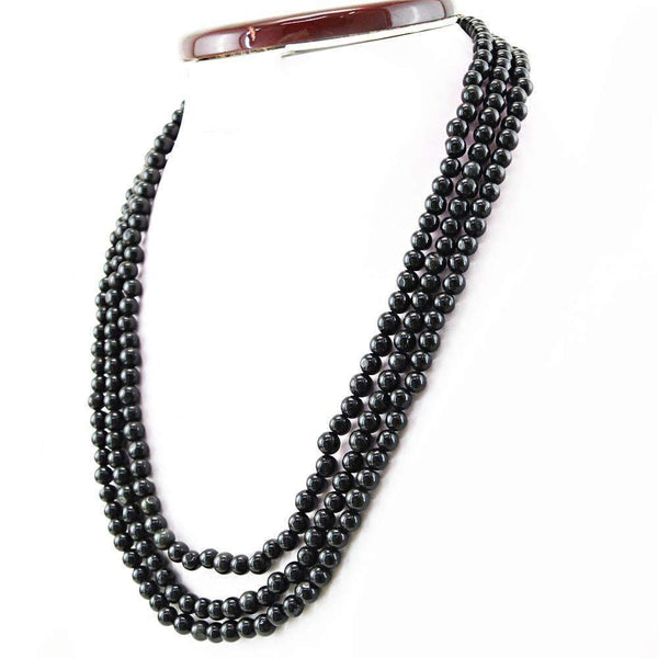 gemsmore:Natural Black Spinel Necklace 3 Line Round Shape Beads