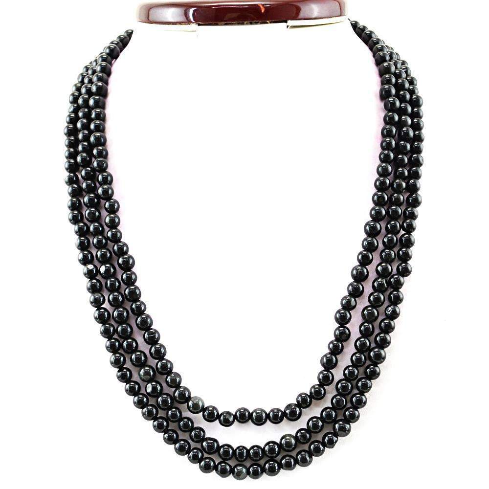 gemsmore:Natural Black Spinel Necklace 3 Line Round Shape Beads