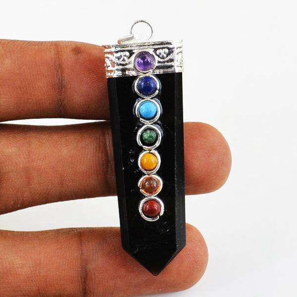 gemsmore:Natural Black Spinel Seven Chakra Healing Wand Pendant