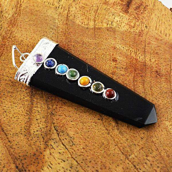 gemsmore:Natural Black Spinel Seven Chakra Healing Wand Pendant