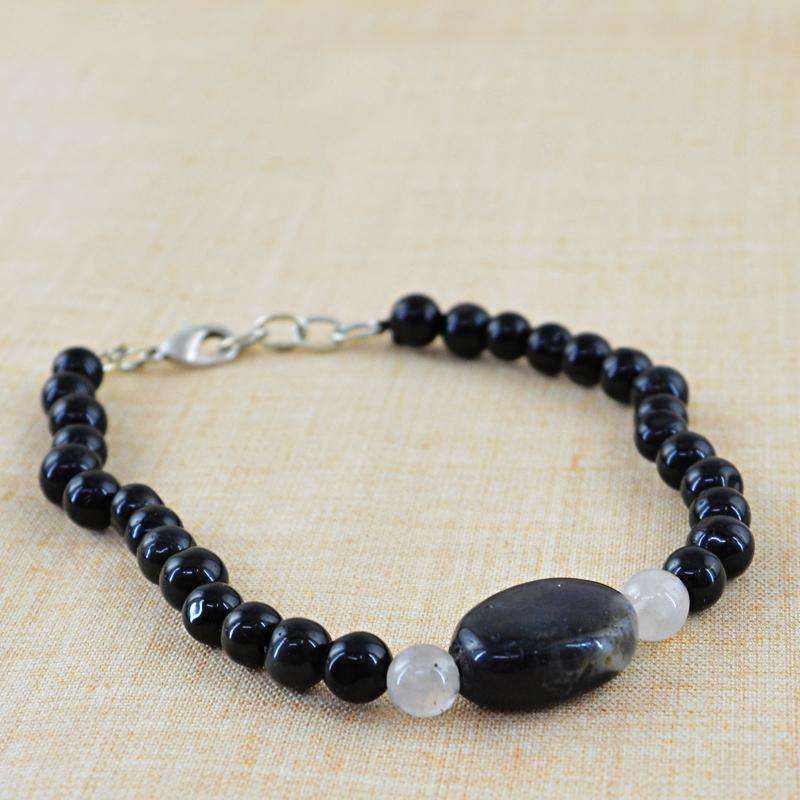 gemsmore:Natural Black Spinel & White Quartz Beads Bracelet - Round Shape