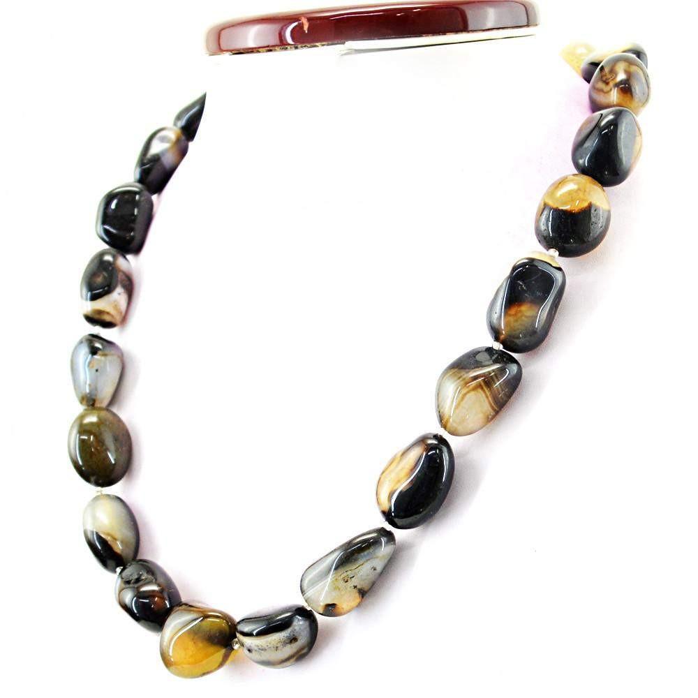 gemsmore:Natural Black & White Onyx Necklace Single Strand Untreated Beads