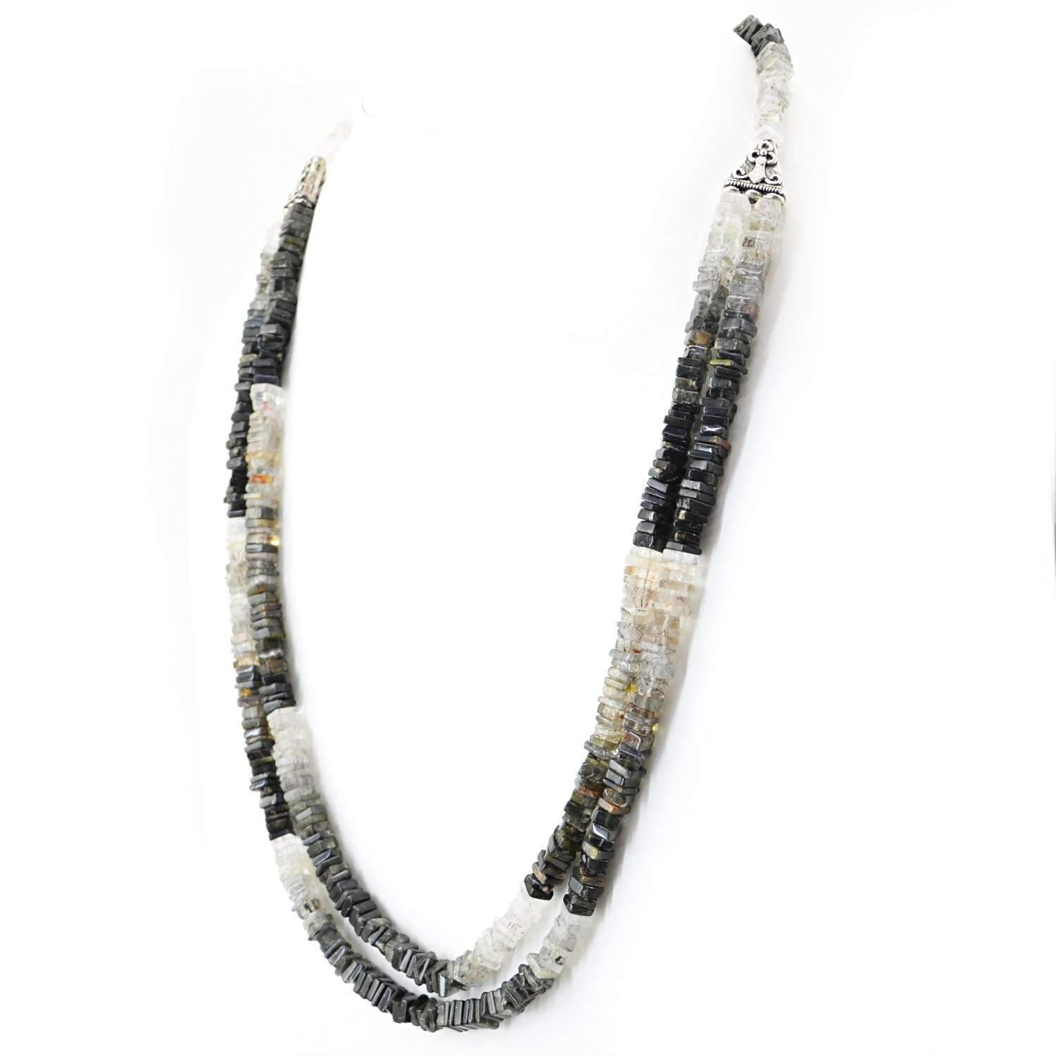 gemsmore:Natural Black & White Rutile Quartz Necklace Natural Untreated Beads - 2 Strand