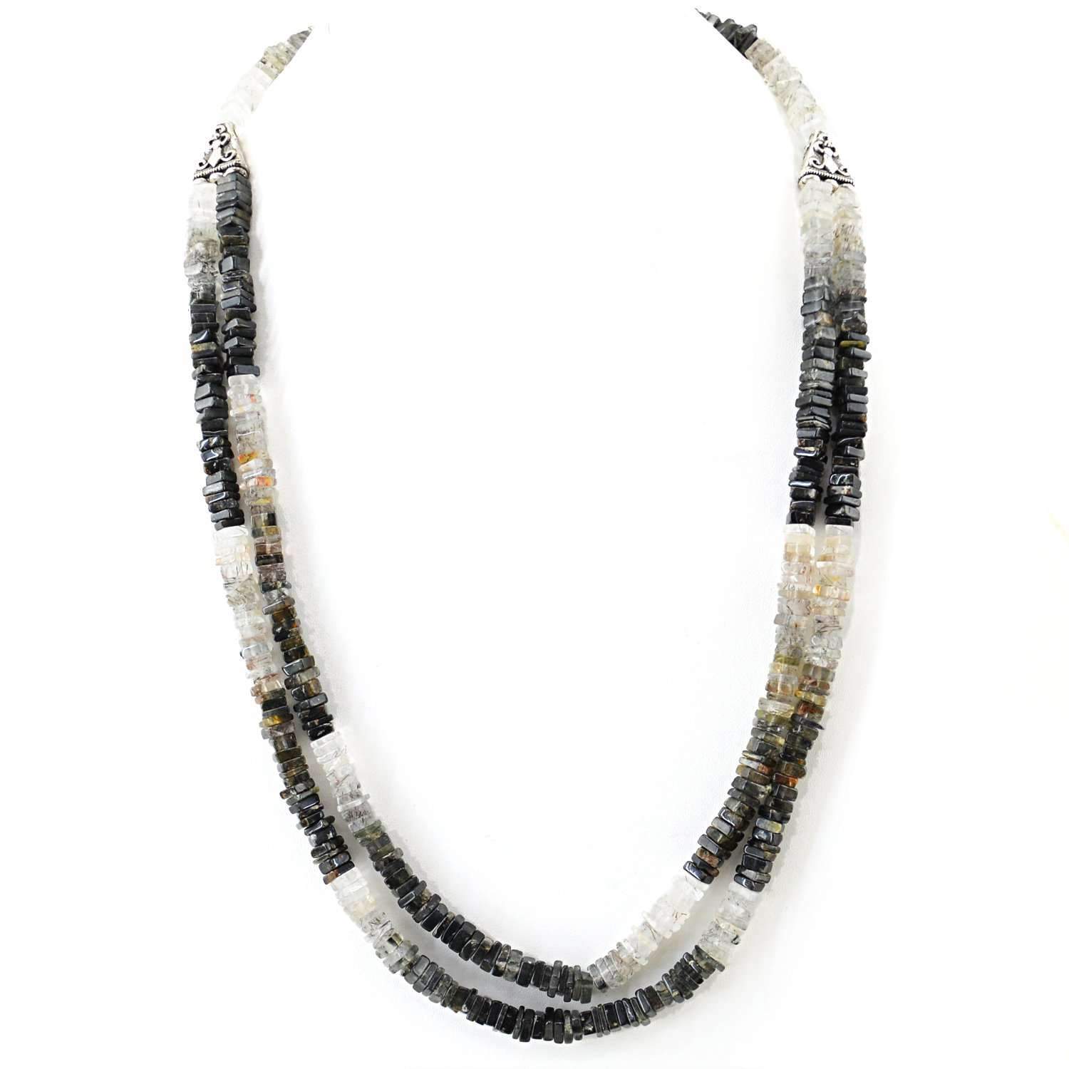 gemsmore:Natural Black & White Rutile Quartz Necklace Natural Untreated Beads - 2 Strand