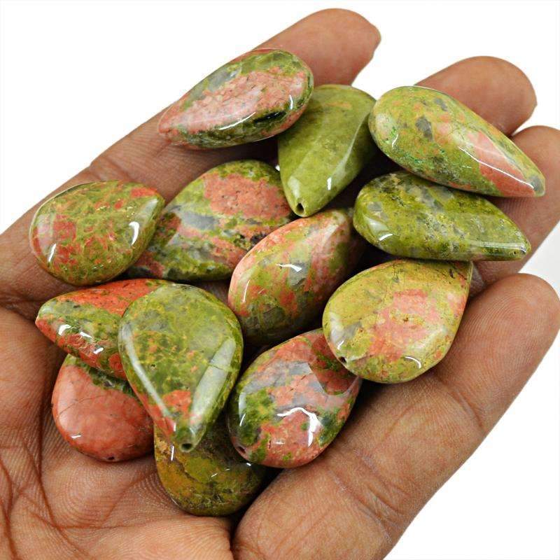 gemsmore:Natural Blood Green Unakite Beads Lot - Drilled Pear Shape