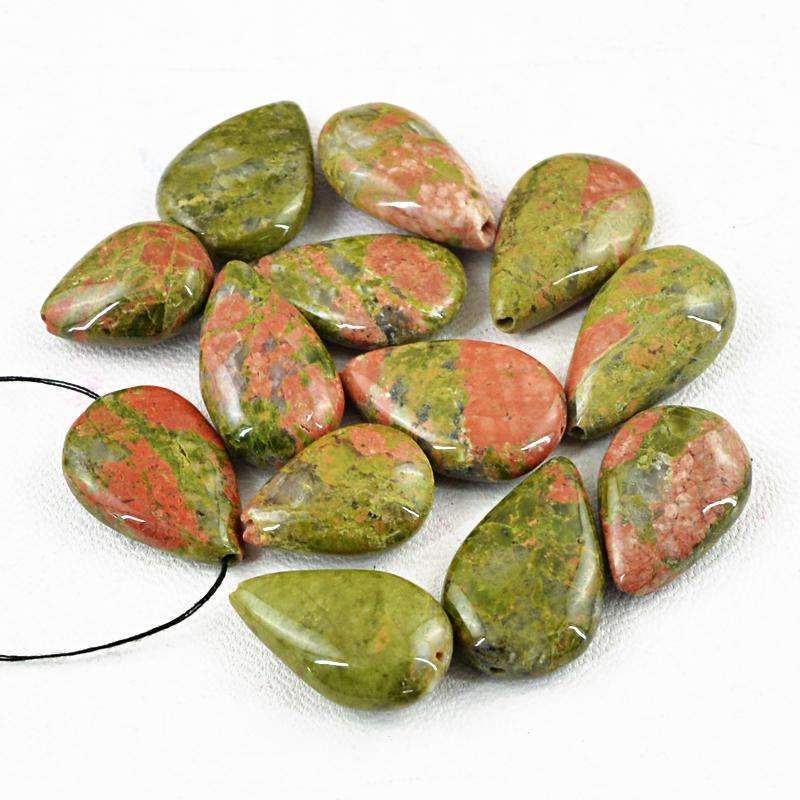 gemsmore:Natural Blood Green Unakite Beads Lot - Drilled Pear Shape