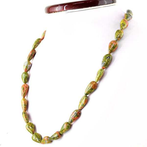 gemsmore:Natural Blood Green Unakite Necklace Pear Shape Untreated Beads