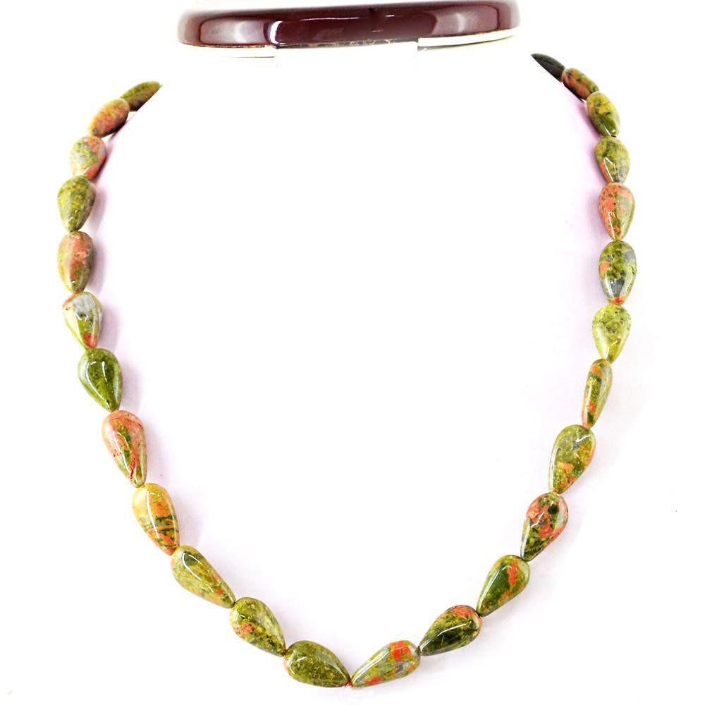 gemsmore:Natural Blood Green Unakite Necklace Pear Shape Untreated Beads