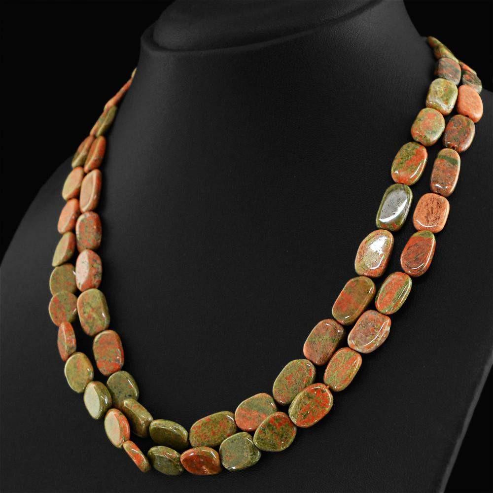 gemsmore:Natural Blood Green Unakite Necklace Untreated Beads