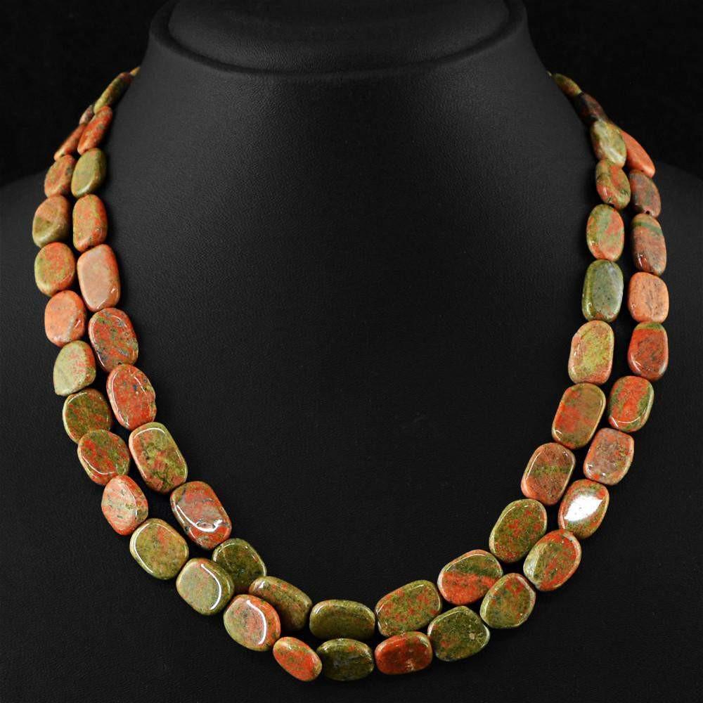 gemsmore:Natural Blood Green Unakite Necklace Untreated Beads