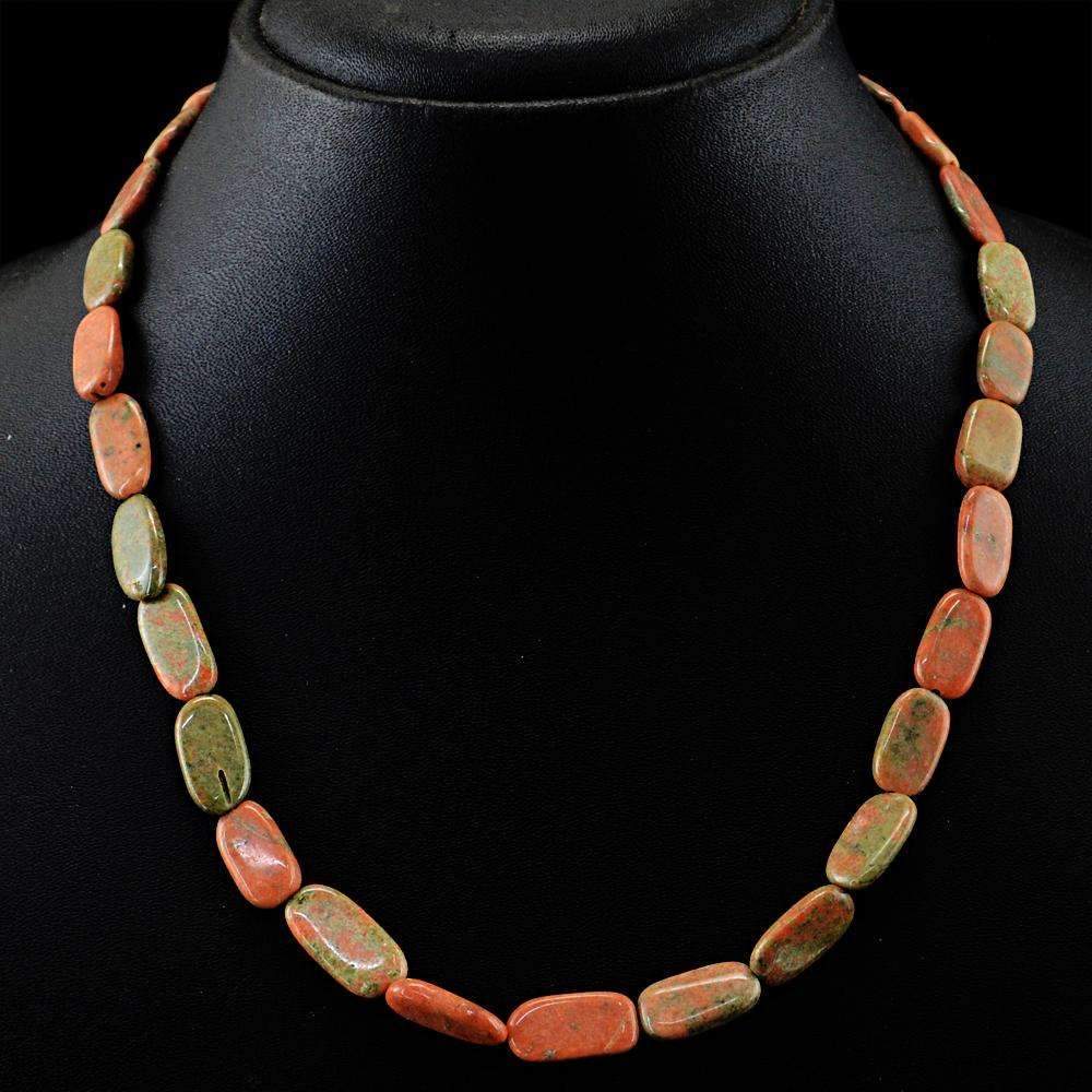 gemsmore:Natural Blood Green Unakite Necklace Untreated Beads