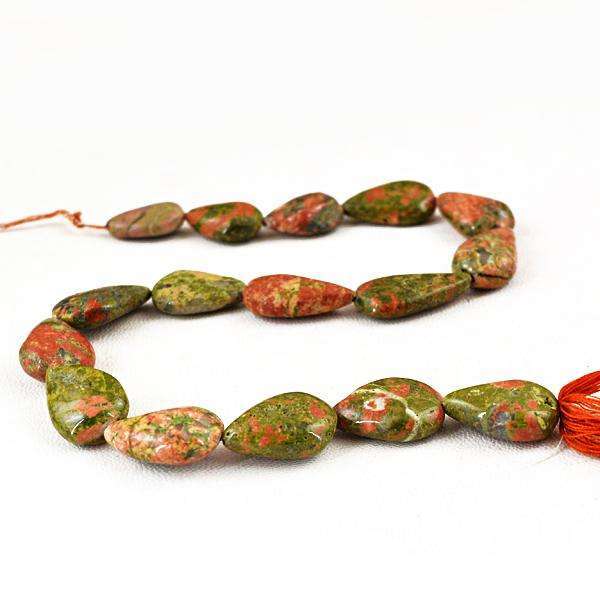 gemsmore:Natural Blood Green Unakite Pear Shape Drilled Beads Strand